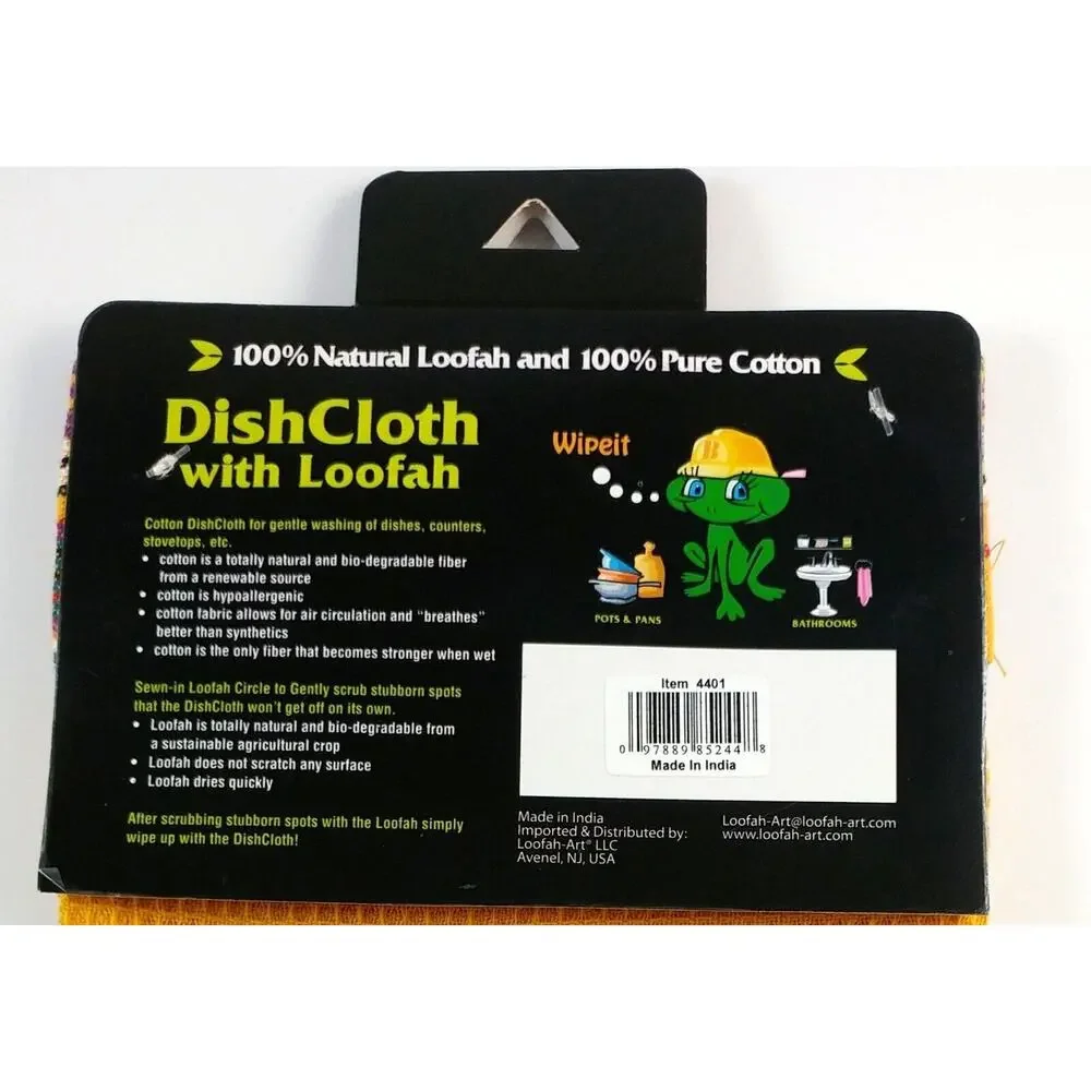Kitchen Dishcloth Yellow 100% Natural Cotton With Built In Loofah Scrubber